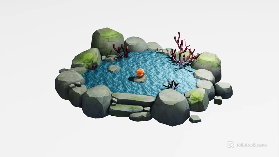 Decorative Ornament Set With Stones Water Feature Orange Ball And Red Coral Plants 3d model 