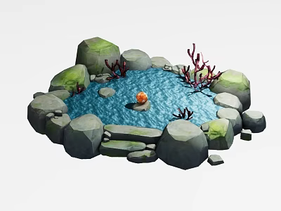 Decorative Ornament Set With Stones Water Feature Orange Ball And Red Coral Plants 3d model