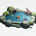 Decorative Ornament Set With Stones Water Feature Orange Ball And Red Coral Plants