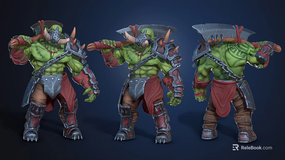 Fantasy Orc Creature Characters With Green Skin Horns Armored Three Angles 3D Model View 3d model 