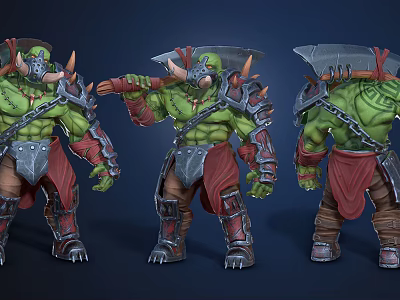 Fantasy Orc Creature Characters With Green Skin Horns Armored Three Angles 3D Model View 3d model