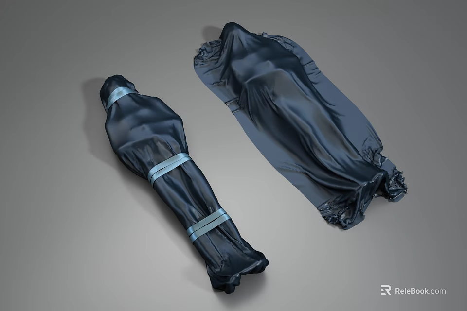 Multiple Human Figures Wrapped In Black Satin Fabric With Blue Straps 3d model 