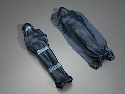 Multiple Human Figures Wrapped In Black Satin Fabric With Blue Straps 3d model