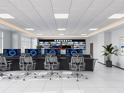 Modern Monitoring Room Interior Featuring Multiple Monitor Screens Control Desk And Office Chairs 3d model