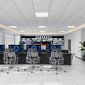 Modern Monitoring Room Interior Featuring Multiple Monitor Screens Control Desk And Office Chairs