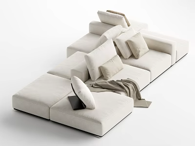 Modern Light Beige Sectional Sofa With Plush Pillows And Soft Throw Blanket 3d model