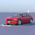 Dodge Red Sports Sedan Parked In Display Area With Brand Logo On Ground
