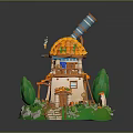 Cartoon Scene With Tower House Orange Roof Windmill Green Grass And Stones
