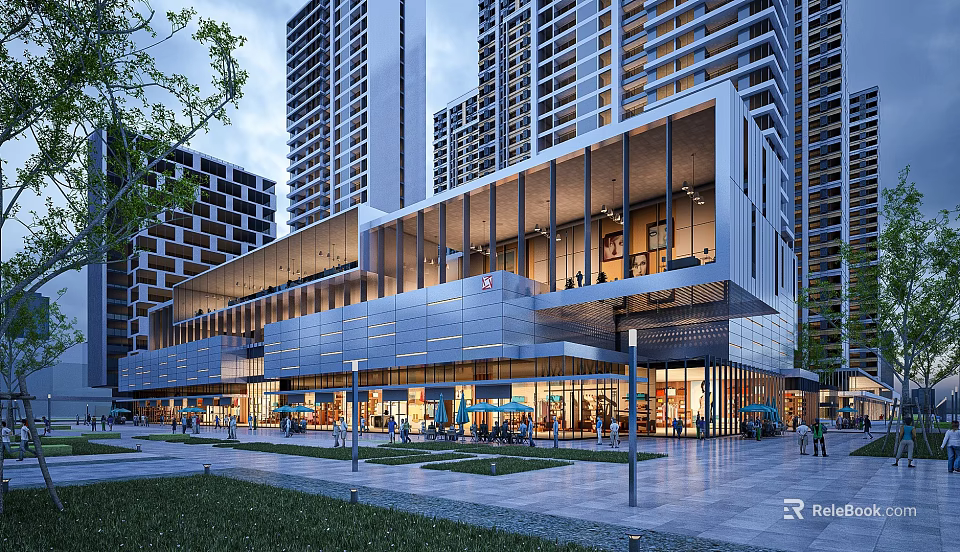 Modern Commercial Architecture With Glass Curtain Walls High Rise Buildings Ground Floor Shops Plaza Greenery 3d model 