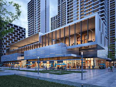 Modern Commercial Architecture With Glass Curtain Walls High Rise Buildings Ground Floor Shops Plaza Greenery 3d model