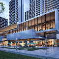 Modern Commercial Architecture With Glass Curtain Walls High Rise Buildings Ground Floor Shops Plaza Greenery