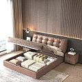 Modern Brown Tufted Headboard Double Bed With Wooden Accent Wall And LED Strip Lighting