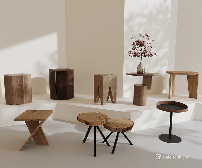 Modern Wooden Side Tables With Various Designs And Different Stable Bases 3d model