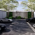 Scenic Eco-friendly Parking Lot Featuring Trees Cars Paved Ground And Green Wall