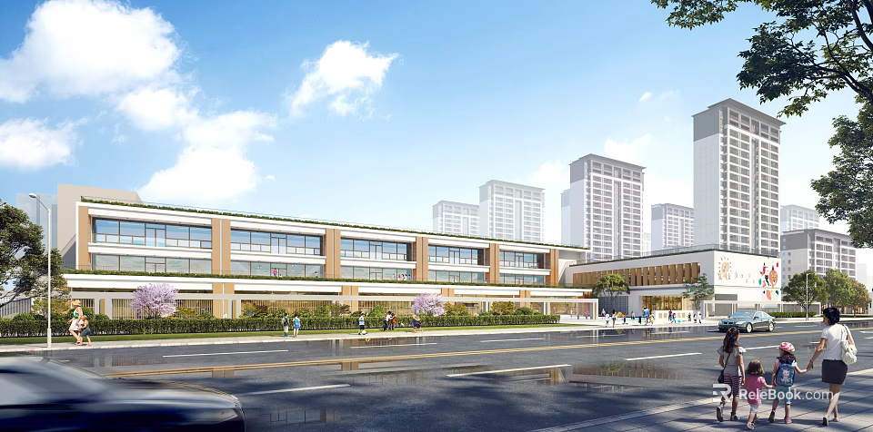 Modern School Building Exterior With Greenery Along Road And City Buildings 3d model 