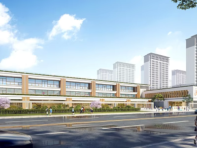 Modern School Building Exterior With Greenery Along Road And City Buildings 3d model
