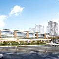 Modern School Building Exterior With Greenery Along Road And City Buildings