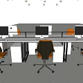 Modern Office Desk Setup with White Surface Black Frame Multiple Computer Monitors and Orange Chairs 3d model
