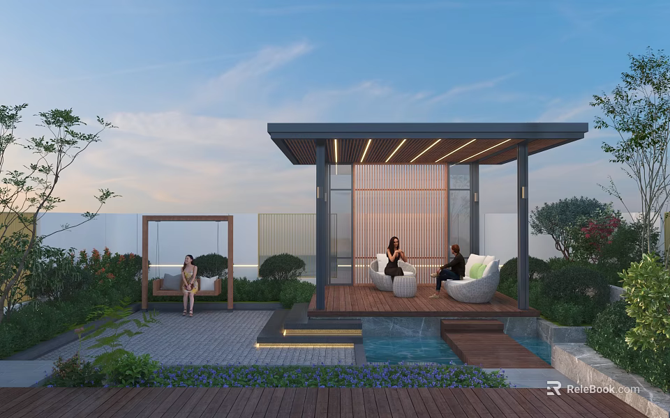 Modern Courtyard Garden With Covered Seating Area Water Feature And Lush Greenery 3d model 