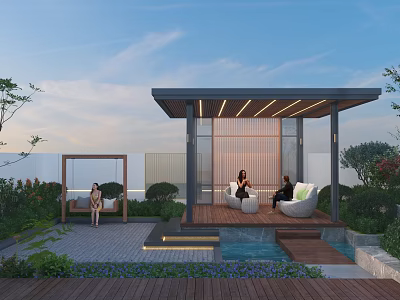Modern Courtyard Garden With Covered Seating Area Water Feature And Lush Greenery 3d model