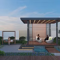 Modern Courtyard Garden With Covered Seating Area Water Feature And Lush Greenery