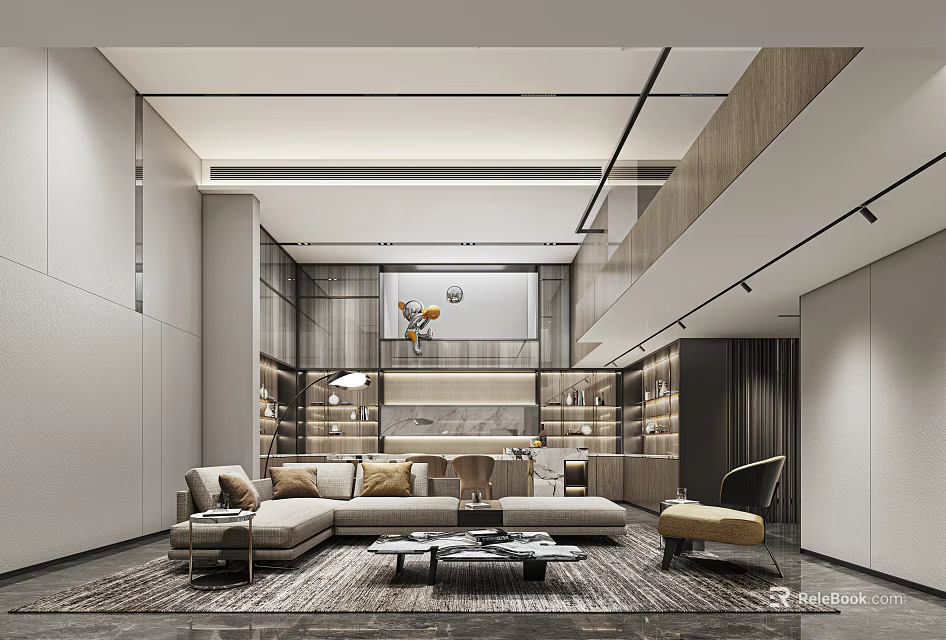 Modern Basement Living Space With Open Layout Sofa Bookshelves Coffee Table And Lighting 3d model 