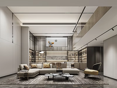 Modern Basement Living Space With Open Layout Sofa Bookshelves Coffee Table And Lighting 3d model