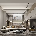 Modern Basement Living Space With Open Layout Sofa Bookshelves Coffee Table And Lighting