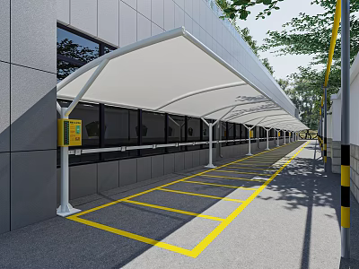 Modern Parking Lot With White Canopy Yellow Parking Lines Gray Building Walls And Trees 3d model