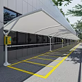 Modern Parking Lot With White Canopy Yellow Parking Lines Gray Building Walls And Trees