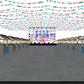 Illuminated Stage With Colorful Overhead Light Strings Central Large Screen And Decorative Tents
