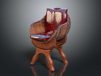 Unique Wooden Barrel Leisure Chair With Red Cushion And Rustic Design 3d model