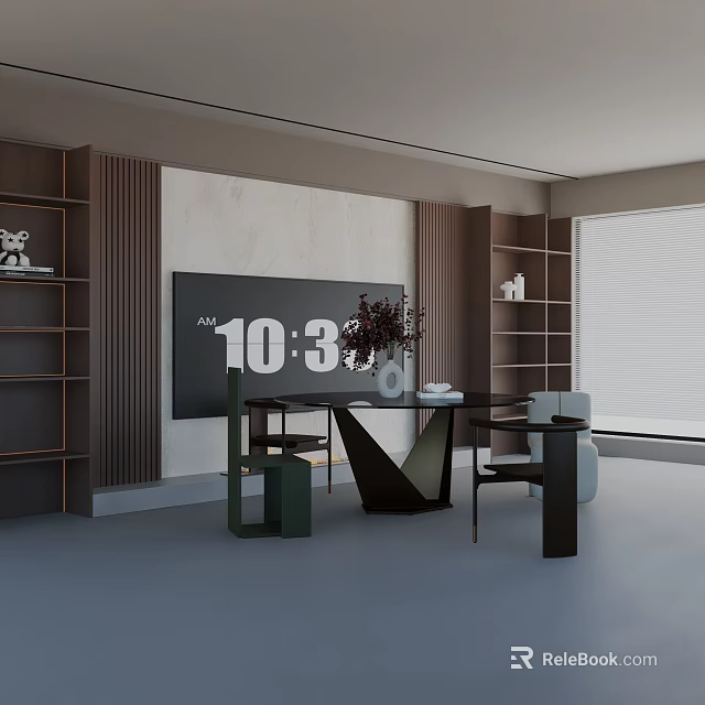 Modern Dining Table Set with Bookshelves Wall Clock and Vase Near Window Interior 3d model