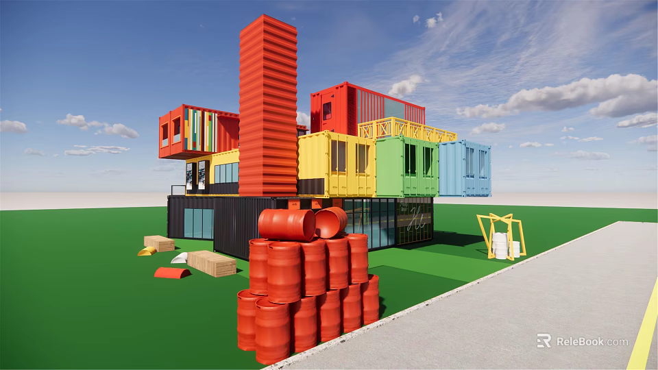 Colorful Multi Story Container Building Design With Red Yellow Green Blue Containers And Red Barrels 3d model 