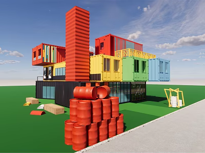 Colorful Multi Story Container Building Design With Red Yellow Green Blue Containers And Red Barrels 3d model