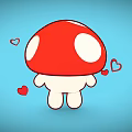 Cute Cartoon Mushroom With Red Cap White Spots And Hearts On Blue Background