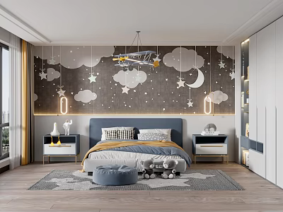 Charming Kids Room With Cloud Star Moon Wall Decor Airplane Chandelier Bed And Soft Rug 3d model