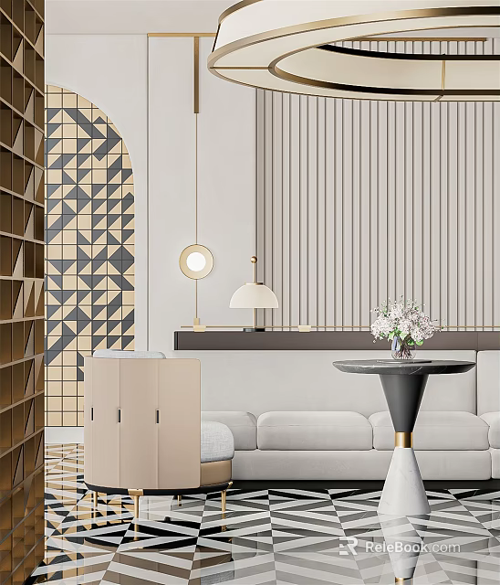 Modern Style Lounge Area With Gray Sofa Side Table Flowers Geometric Wall And Pendant Lights 3d model 