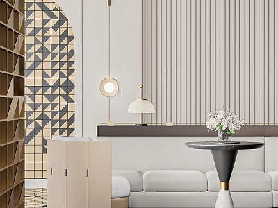 Modern Style Lounge Area With Gray Sofa Side Table Flowers Geometric Wall And Pendant Lights 3d model