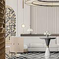 Modern Style Lounge Area With Gray Sofa Side Table Flowers Geometric Wall And Pendant Lights