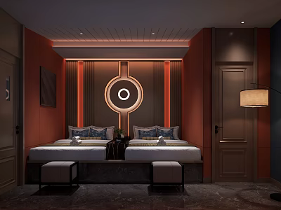 Serene SPA Sauna Interior With Twin Beds Circular Lighting Red Walls And Wooden Accents 3d model