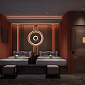 Serene SPA Sauna Interior With Twin Beds Circular Lighting Red Walls And Wooden Accents