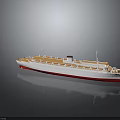 Cruise Ship Water Transport With White Body Red Bottom Orange Deck Multiple Windows Top Masts