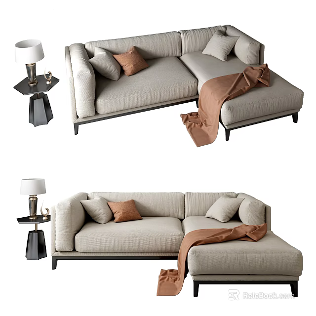 Modern Sectional Sofa With Throw Pillows Blanket Side Table And Table Lamp 3d model
