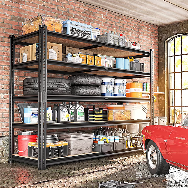 Organized Garage with Metal Shelving Tools Tires Storage Items and Red Car 3d model 