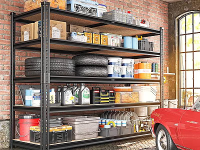 Organized Garage with Metal Shelving Tools Tires Storage Items and Red Car 3d model