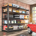 Organized Garage with Metal Shelving Tools Tires Storage Items and Red Car