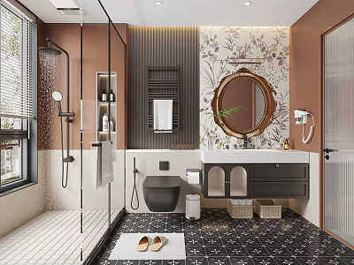 Modern Bathroom Interior Design With Shower Vanity Round Mirror And Patterned Tiles 3d model