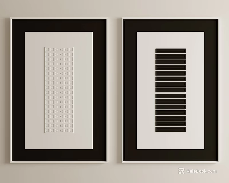 Two Black Framed Black And White Decorative Wall Art With Vertical And Horizontal Stripes 3d model 