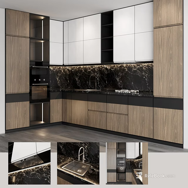 Modern Kitchen Interior With White And Wooden Cabinets And Marble Countertop 3d model 